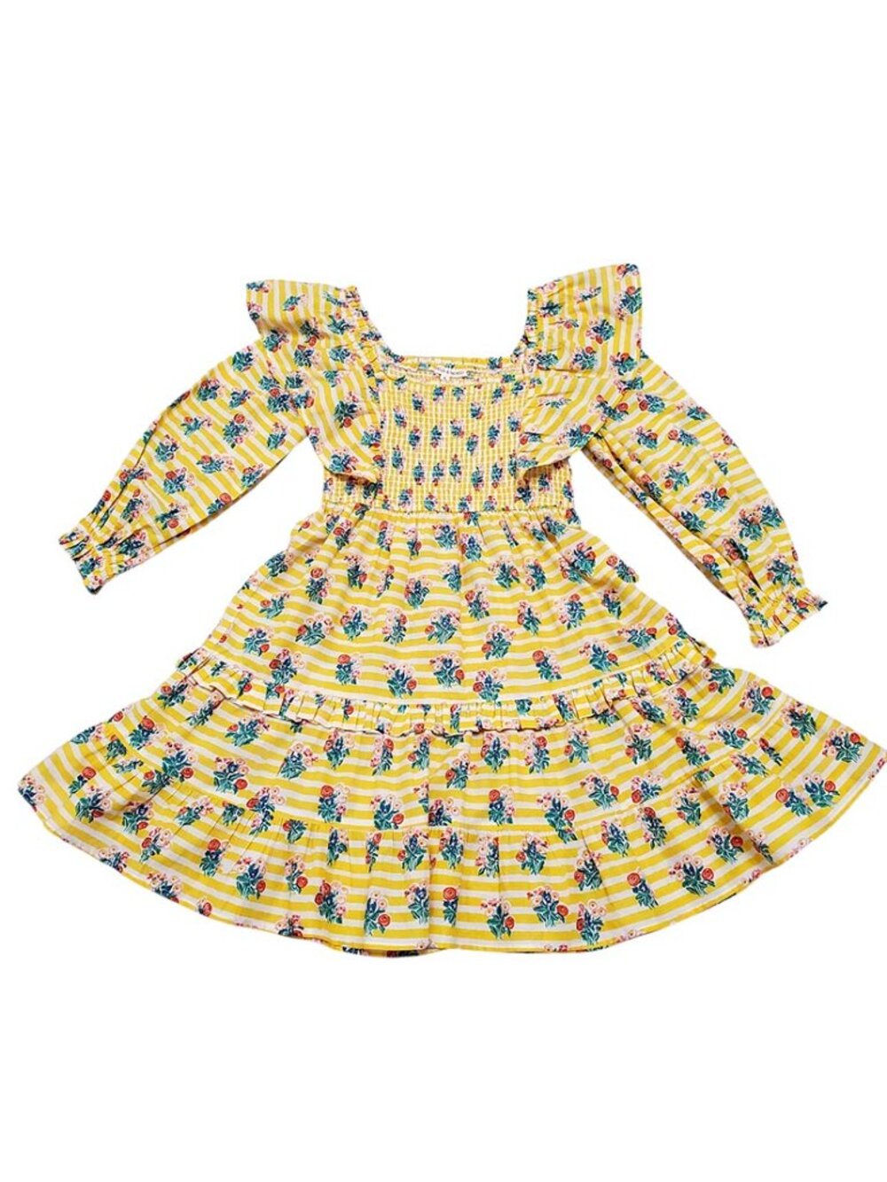Ophelia & Indigo Smocked Dress S Striped Floral Yellow Long Sleeve Ruffle